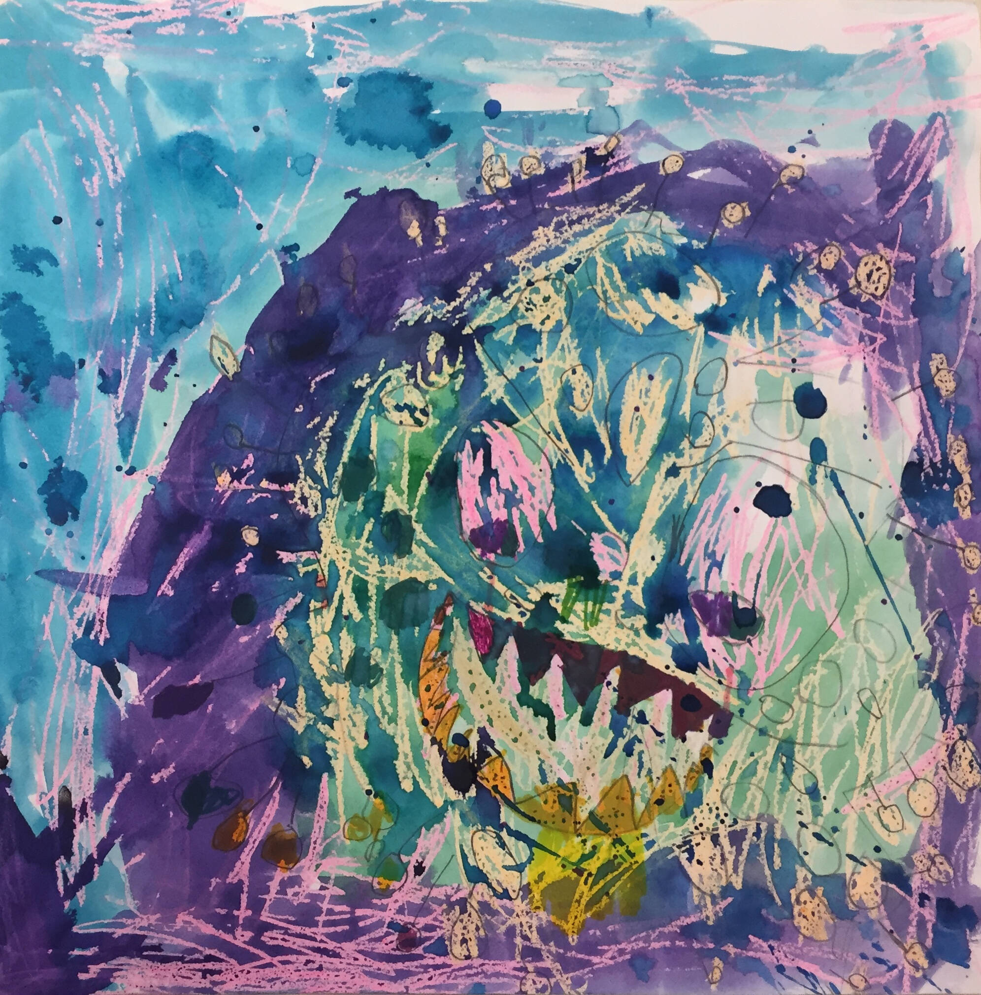 Child's watercolor and crayon resist drawing of their interpretation of a germ.